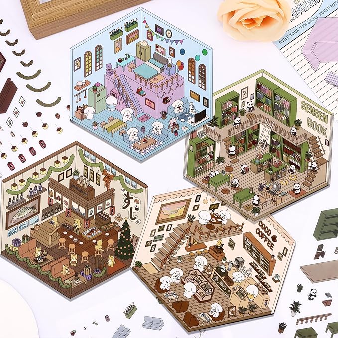 DIY 3D House Stickers, 4 Set Fun DIY Stickers Scene Make Your Own Warm Home, Supermarket, Coffee Shop, Music Bar, Cute 3D Cartoon Scene Sticker for Adult Kids Relief Stress Pass The Time (SY1.0)