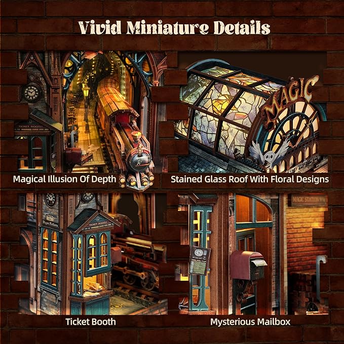 LED 3D Puzzle Magic Station Book Nook Kit - Interactive 3D Wood Puzzle LED Magical Miniature with Infinite Extension Space - DIY Bookshelf Insert Decor Gifts(Magic Station)