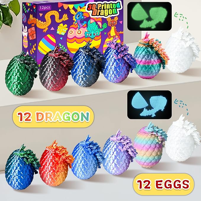 12PCS 3D Printed Dragon Eggs, Christmas Stocking Stuffers for Kids Boys, Dragon Toy for Boys Teens Articulated Crystal Dragon Gifts for Teens Boy 4-6 5-7 8-12