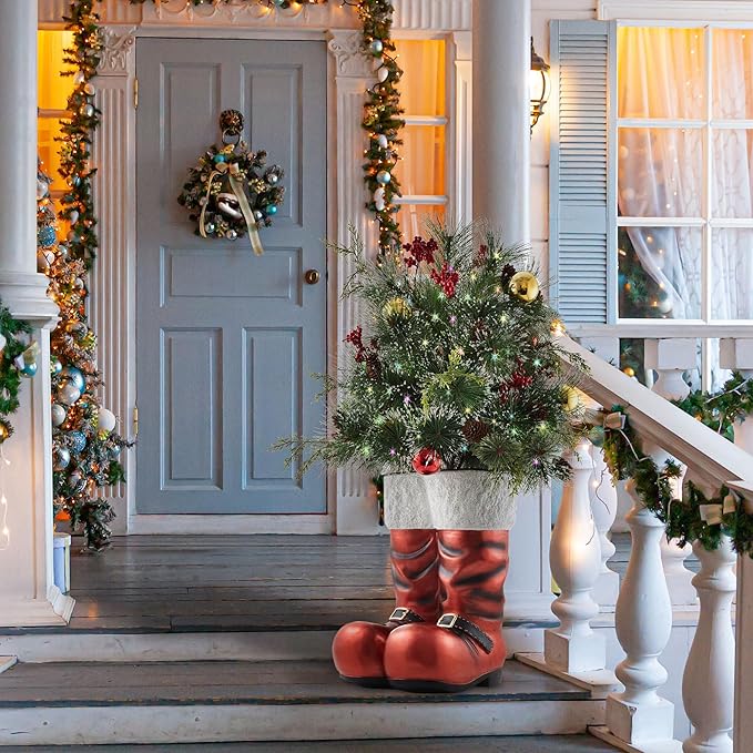 Casafield Santa Boots Decoration with Holiday Greenery, 40" Pre-Lit Hand-Painted Outdoor Christmas Decor