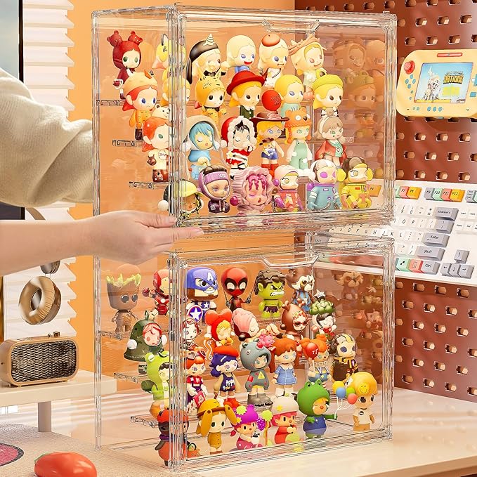 Clear Acrylic Display Case for Collectibles 4 Layer Hobby Figure Display Case Box with Shelves Stackable Figurine Display Shelf for Funko Pop, Pop Mart, Labubu, Model, 3 Pack