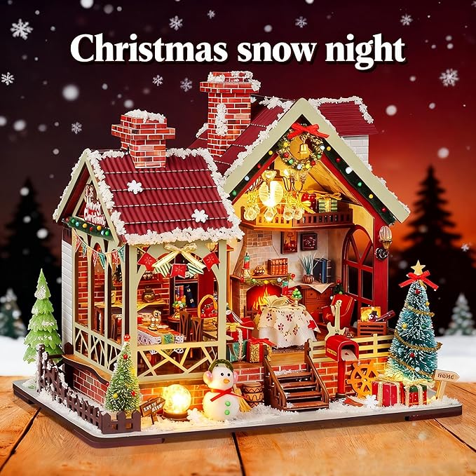 2025 New Christmas Miniature House Kit, DIY Mini Dollhouse Making Kits with Music and Led Light, Tiny House Kit to Build for Adults, Hobby Craft Gift for Christmas Day, Snowy Night