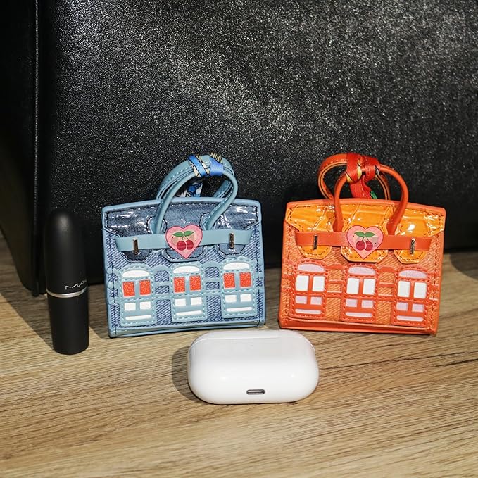 Buyborgood Women's 2 PCS Mini Tote Bag Charms Keychain Pouch Small Coin Purse Wallet (Peacock Blue + Orange)
