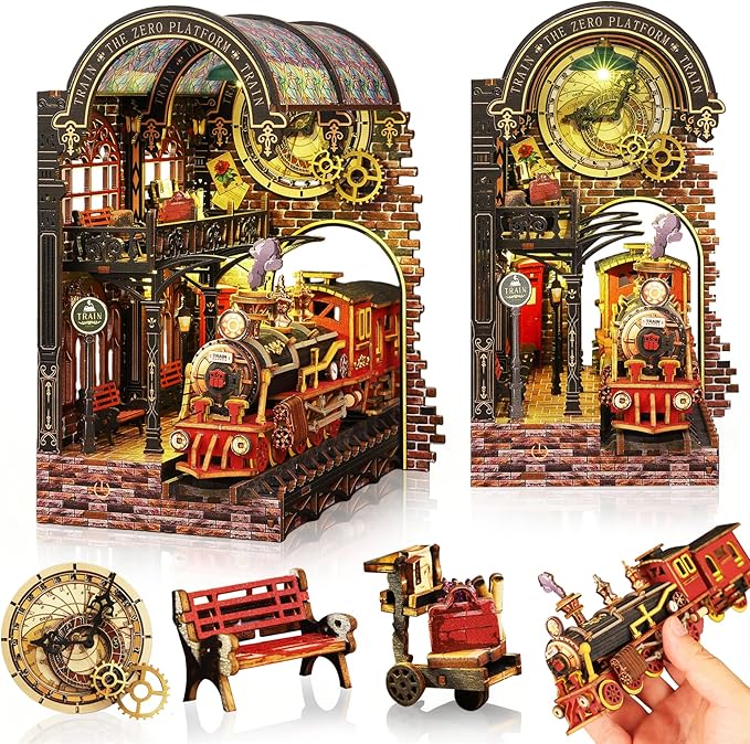 Book Nook Kit - CRIOLPO Book Nook Kits for Adults 3D Wooden Puzzles with LED Lights DIY Miniature Doll House Kit Gifts for Family Friends(Zero Point Platform)