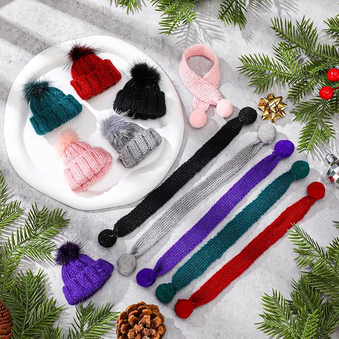 Bencailor 24 Pcs Mini Christmas Knitting Hats and Mini Christmas Scarf Set Knitting Doll Hat Scarf Santa Knit Hat Tree Ornaments for DIY Craft Art Doll Decoration (Multicolor)
