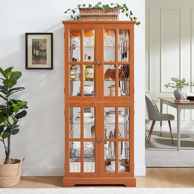 68" H Glass Curio Display Cabinet with Light, 6-Tier Wooden Glass Storage Showcase w/ 4 Doors & Adjustable Shelves, Vintage Accent Cabinet w/Mirrored Back Pane for Home & Office
