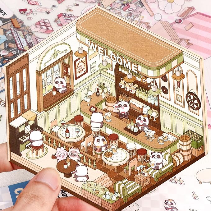 DIY 3D House Stickers, 4 Set Fun DIY Stickers Scene Make Your Own Warm Home, Supermarket, Coffee Shop, Music Bar, Cute 3D Cartoon Scene Stickers for Adult Kids Relief Stress Pass The Time (XM2.0)