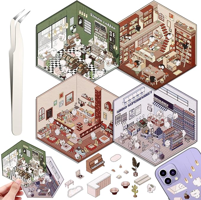 DIY 3D House Stickers, 4 Set Fun DIY Stickers Scene Make Your Own Warm Home, Supermarket, Coffee Shop, Music Bar, Cute 3D Cartoon Scene Sticker for Adult Kids Relief Stress Pass The Time