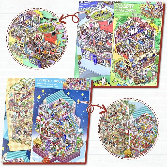 DIY 3D Sticker Scene, 4 Sets Fun DIY 3D House Stickers, Make Your Own Mini Room Scenes, Cute Cartoon 3D Miniature Scene Stickers Book, 3D Sticker Therapy for Adults Kids Relief Stress Pass The Time