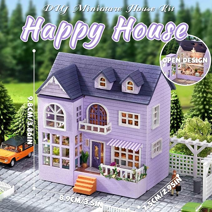 Kisoy Romantic and Cute Dollhouse Miniature DIY House Kit Creative Room Perfect DIY Gift for Friends, Lovers and Families (Happy House)