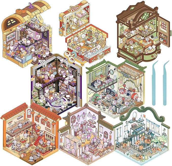 DIY 3D House Sticker Set for Adults & Kids - Creative Miniature Room Scenes with Cartoon Decals, Cute Home Decor Stickers to Build Your Own 3D Model Scenes (Set 4)