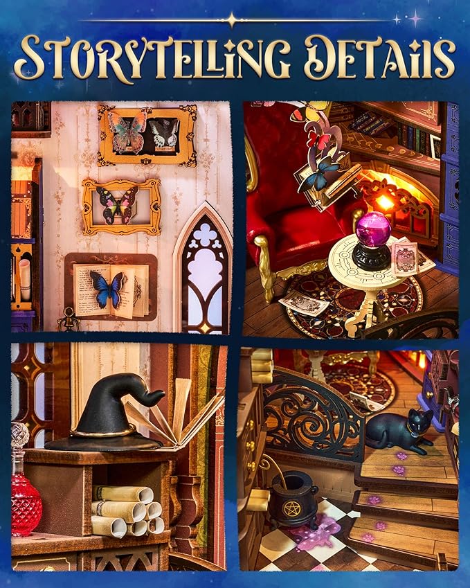 Rolife Book Nook Kit Magic Fantasy Corner DIY Miniature House Kit, 10" Wizard Witch Room Booknook Bookshelf Insert Decor 3D Wooden Puzzles for Adults Halloween Chiristmas Gift