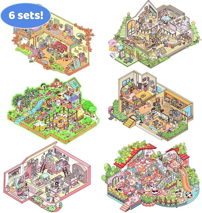DIY Large Fun 3D Animal House Scene Stickers Book with Tweezers Make Your Own Pasture Villa Room Sticker Scenes Cute Micro Stickers for Relief Stress Pass The Time(6 Designs)