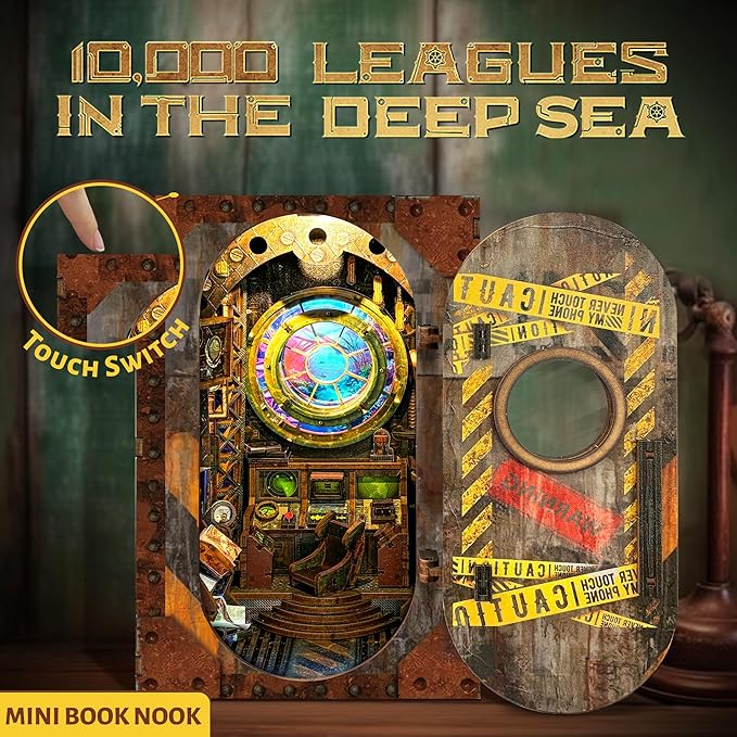 DIY Book Nook Kit - 3D Wooden Puzzle Miniature Dollhouse with LED Light Set Dust Cover,Miniature House Kit for Bookshelf Insert Decor Crafts for Adults Teen Gift-10000 Leagues Under The Sea（SQ-39）