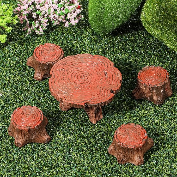 5Pcs Fairy Garden Accessories Miniature Table and Chairs Set Micro Landscape Decoration Mini Resin Village Furniture Ornaments Kit for DIY Craft Gift Dollhouse Succulents Home Outdoor Decoration