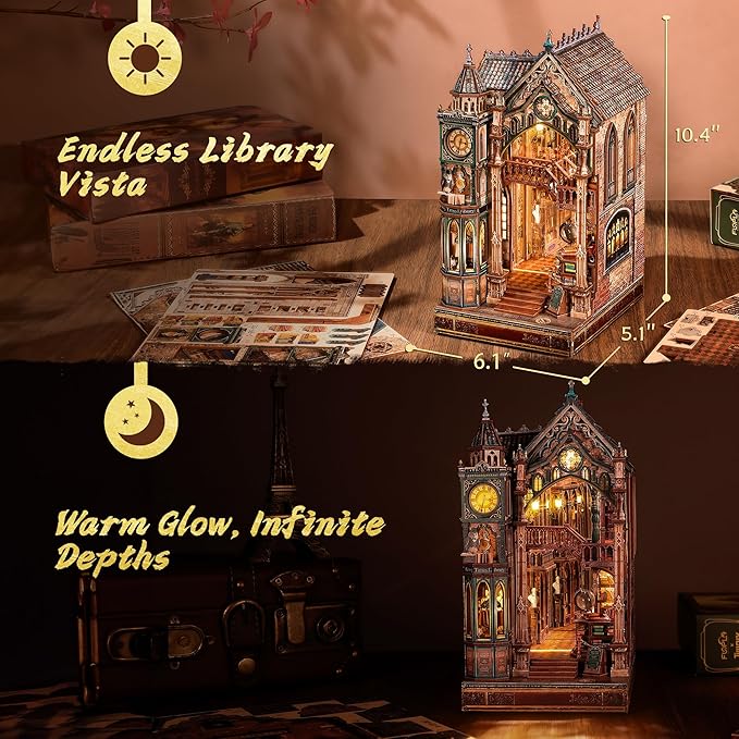 Magic Library Book Nook Kit – LED 3D Wood Puzzle with Infinity Mirror – DIY Bookshelf Decor, Miniature Craft Gift for Kids and Adults
