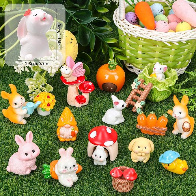 56 Pcs Easter Mini Resin Figures 56 Style Little Figures to Hide Tiny Small Bunny Chick Basket Carrot Bulk Miniature Figurines for Easter Egg Fillers Party Favors Fairy Garden Dollhouse Table Decor