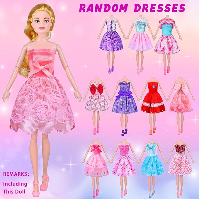 135 Pcs Doll Clothes and Accessories with Doll, Princess Gowns, Fashion Dresses, Slip Dresses, Top, Pants, Jumpsuit, Swimsuits, Shoes, Hangers, Doll Dress up Toys for Girls Kids Toddlers Toy Gifts