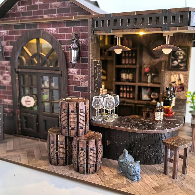 Book Nook Kit, DIY 3D Wooden Puzzle Miniature House, Vintage Pub Corner Tavern with LED Lights, Mini Dollhouse Building Kit Tiny House for Adults, Christmas Birthday Valentine's Day Gift for Family