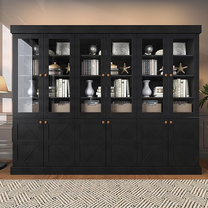71" Tall Farmhouse Kitchen Pantry, Rustic Large Storage Cabinet with Glass Doors, Adjustable Shelves, Wood Versatile Hutch Cabinet for Dining Room, Living Room, Black 3 Pcs