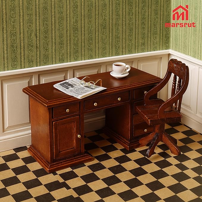 1/12 Scale Wooden Dollhouse Desk and Chair Set, Miniature Office Furniture, Computer Table Accessory, Retro Writing Simulation Pretend Play Doll House Accessories for Photo Props Classroom Scene
