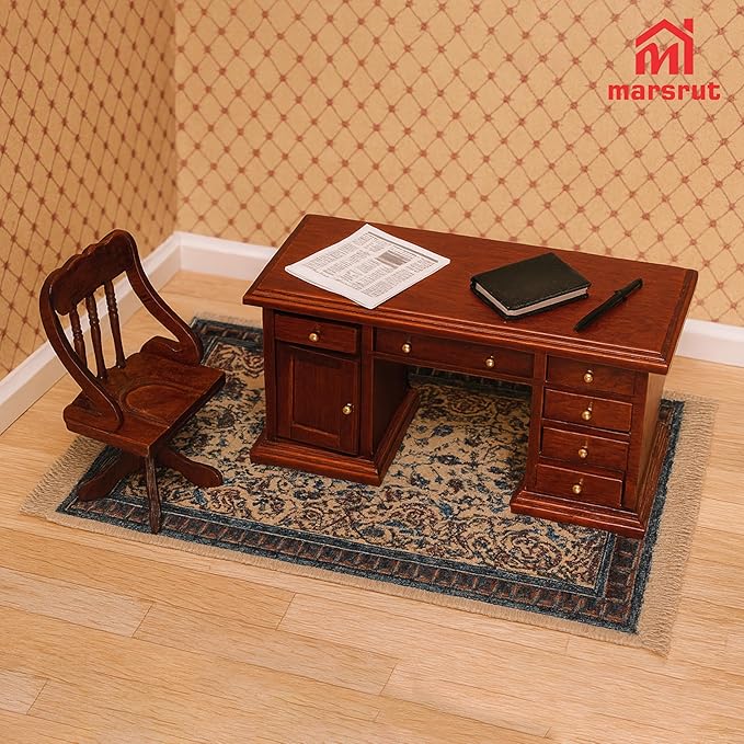 1/12 Scale Wooden Dollhouse Desk and Chair Set, Miniature Office Furniture, Computer Table Accessory, Retro Writing Simulation Pretend Play Doll House Accessories for Photo Props Classroom Scene