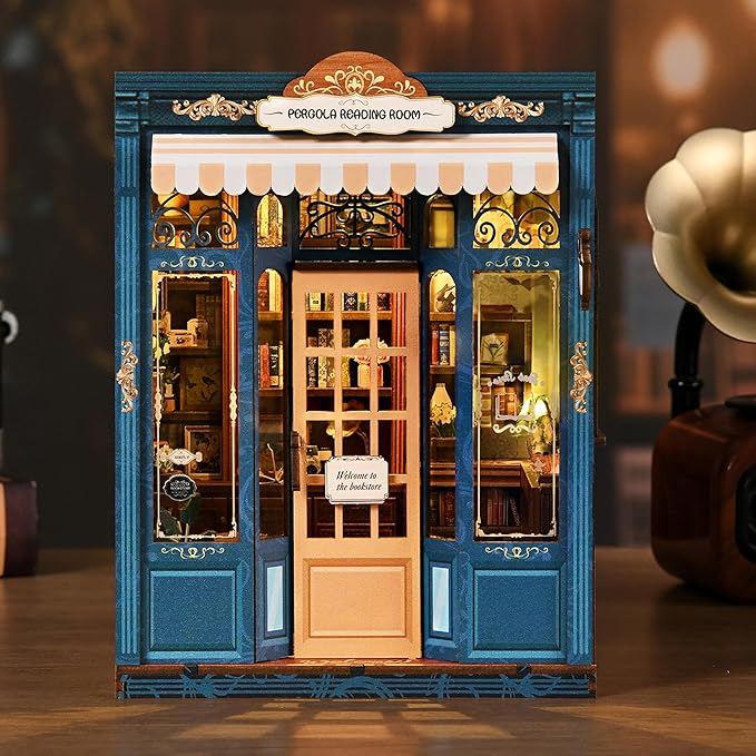 ISSEVE Book Nook Kit - DIY Miniature House Kit Book Nooks for Adults, Dollhouse Booknook Library Tiny House Bookshelf Decor 3D Wooden Puzzle Model Craft Kits Gift (Reading Room Bookstore)