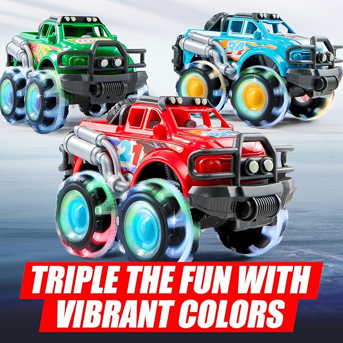 3Pack Monster Truck Toy - Toy Truck with Flashing LED Wheels - Light-Up Cars for Toddlers - Easter Basket Stuffers Birthday Gift for Boys Girls - Friction-Powered