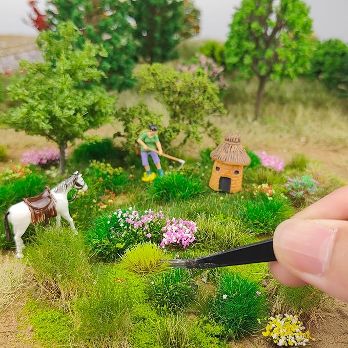 gdeplok 140 Pcs Static Grass Tufts & Miniature Flower Clusters - Artificial Grass Terrain Scenery Kit for Model Train Railway, Military Sand Table, DIY Diorama Landscape (B)
