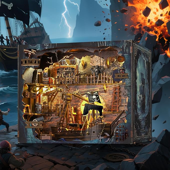 Book Nook Kit - DIY 3D Wooden Puzzle Miniature House with LED Lights - Creative Crafts for Adults - Bookshelf Insert Decor - Educational Gift for Family & Friends（Pirate Bay）