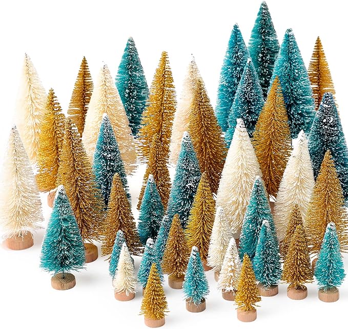 30Pcs Mini Christmas Trees, Artificial Christmas Tree Bottle Brush Trees Christmas with 5 Sizes, Sisal Snow Trees with Wooden Base for Christmas Decor Christmas Party Home Table Craft