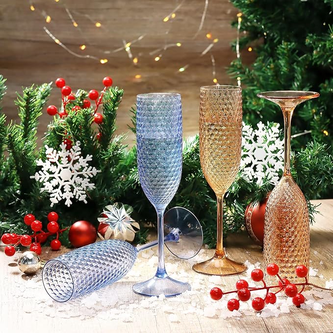 12 Pack Plastic Champagne Flutes Vintage Light Blue Goblet Champagne Glasses Unbreakable Wedding Toasting Glasses Diamond Wine Glasses Crystal Wine Cups Clear Drinking Glasses 5.5 OZ for Bridal Shower