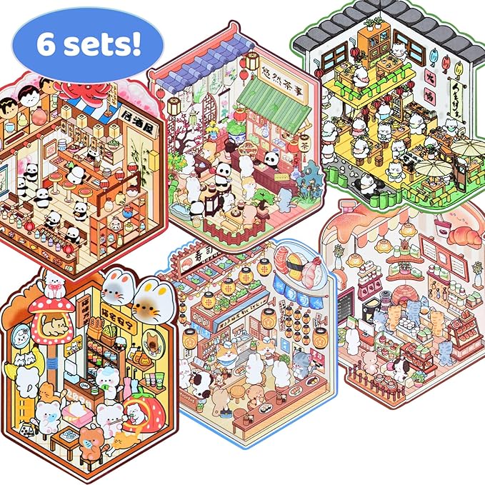 DIY Mini Fun 3D Animal House Scene Stickers Book with Tweezers Make Your Own Bakery Restaurant Teahouse Shop Sticker Scenes Cute Micro Stickers for Relief Stress Pass The Time(6 Designs)