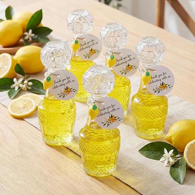 Chuangdi 16 Sets Mini Limoncello Glass Bottles Limoncello Bottles with Labels 1.7 oz Lemon Pendants Lemon Party Favors for Homemade Brewing Wedding Baby Shower Gifts(Fresh)