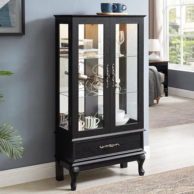 51" H Lighted Glass Curio Display Cabinet with 2 Doors & 1 Drawer, Wooden Glass Curio Showcase w/Adjustable Shelves & Mirrored Back Panel, Storage Cabinet Display Case for Living Room (Black)