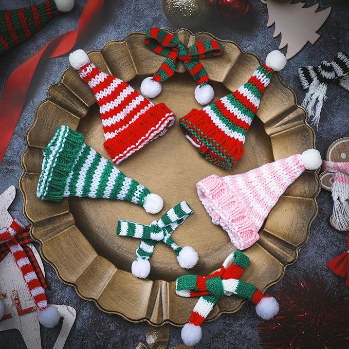 Geyoga 16 Pcs Mini Knit Doll Hat Valentines Day Small Santa Hat for Craft Winter Mini Snowman Hats and Scarf Tree Ornaments Snow Stripe Heart Wine Bottle DIY Decor Gifts