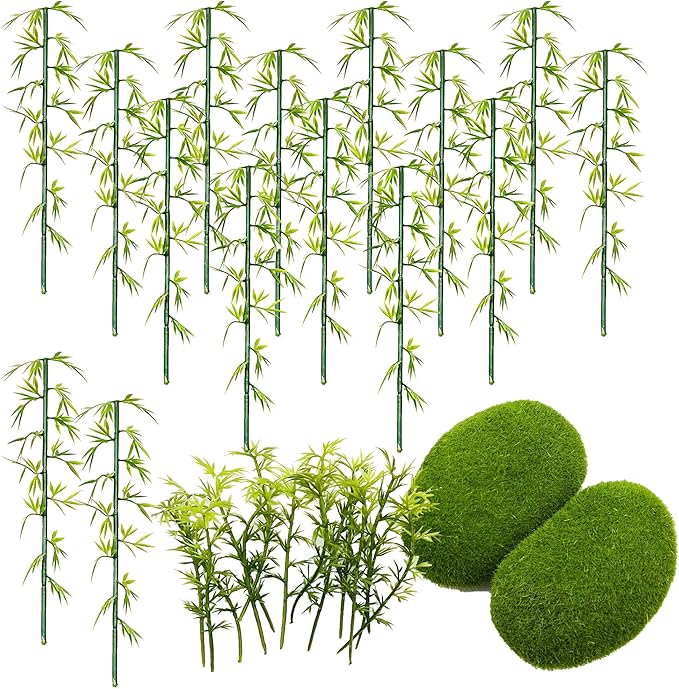 Woohome Model Bamboo Trees, 30 PCS Miniature Bamboo Trees Landscape Green Plastic Bamboo Trees and 2 PCS Artificial Moss Rocks Fake Moss Rocks for Home Decoration, Fairy Gardens