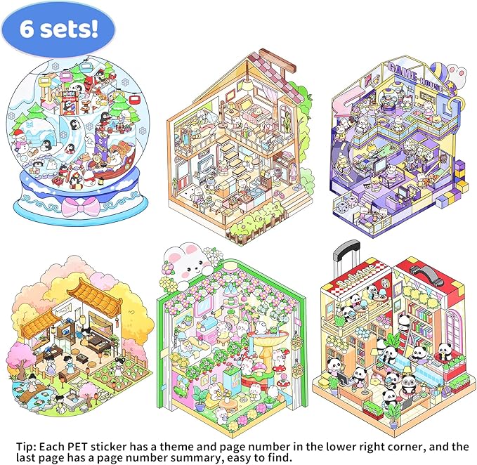 DIY Large Fun 3D Animal House Scene Stickers Book with Tweezers Make Your Own Town Bookstore Amusement Park Sticker Scenes Cute Micro Stickers for Relief Stress Pass The Time(6 Designs)