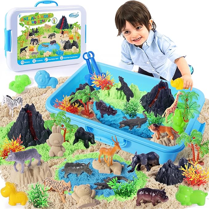 Billeeit Animal Sensory Bin Sand Toy, Play Sand Kit w/lid and 2.2lbs Moldable Sensory Sand, Molds, Tools, Map Set 35pcs Total, Fun Gift for Kids 3+