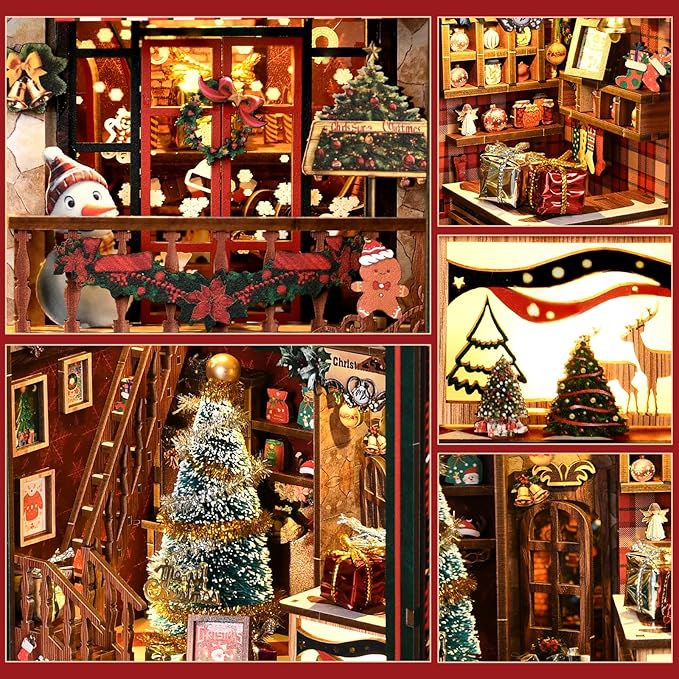 Book Nook Kit for Adults, 3D DIY Wooden Holiday Theme Miniature House Craft Kit Bookshelf Christmas Decor Halloween Birthday Gift