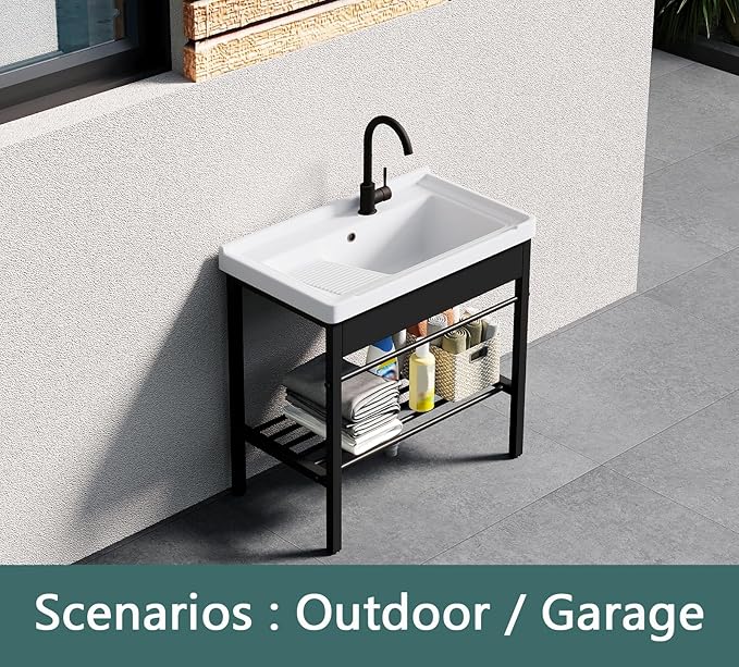 Freestanding Laundry Utility Sink, 28.3" x 19" x 32.3" Ceramic Utility Sink with Washboard Set with Bracket and Drain Kit for Laundry Room, Utility Room, Garage, Basement, Outdoor and Indoor