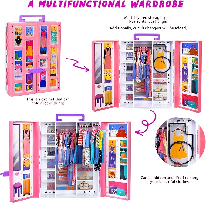 Doll Closet Playset with Doll, 342 Pcs Clothes and Accessories, Princess Dresses Top Pants Swimsuits Wardrobe Shoes Hangers and Other Accessories, Dress up Toys for Girls Toddlers Gift Toys