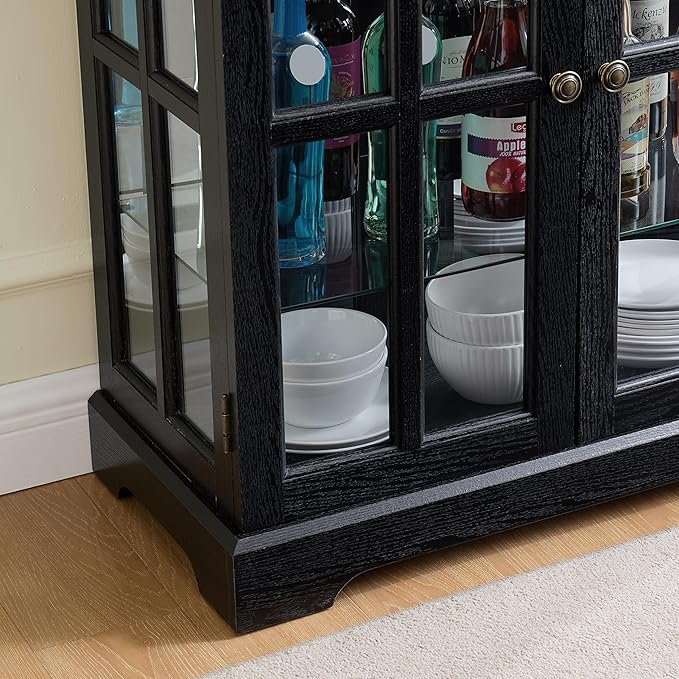 68" H Glass Curio Display Cabinet with Light, 6-Tier Wooden Storage Showcase w/ 4 Glass Doors & Adjustable Shelves, Vintage Accent Cabinet w/Mirrored Back Pane for Home & Office (Black)