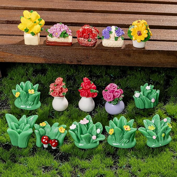 42Pcs Miniature Dollhouse Plants Set,Artificial Resin Flowers & Grass Clumps,DIY Micro Garden Decor for Fairy Gardens,Terrariums,Mini Landscape