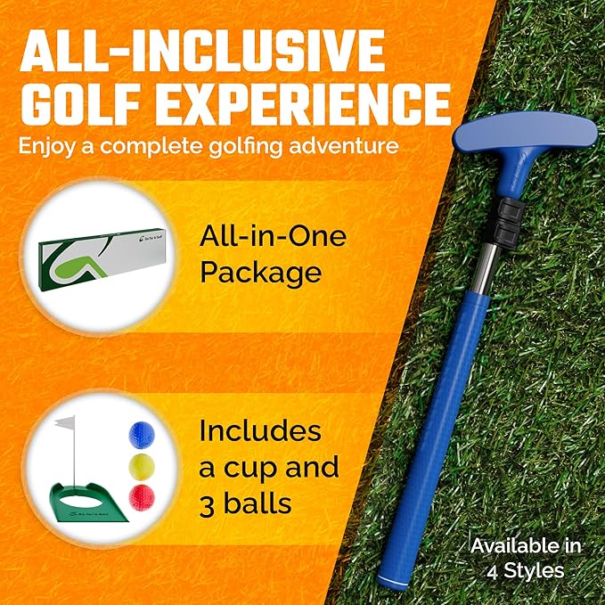 Go For It Golf Kids Putter - Extendable Shaft for Junior Golfers - Adjustable Size for Right and Left Hand - Perfect Training Club for Kids - Includes 3 Balls, Cup with Flag 17"-35"