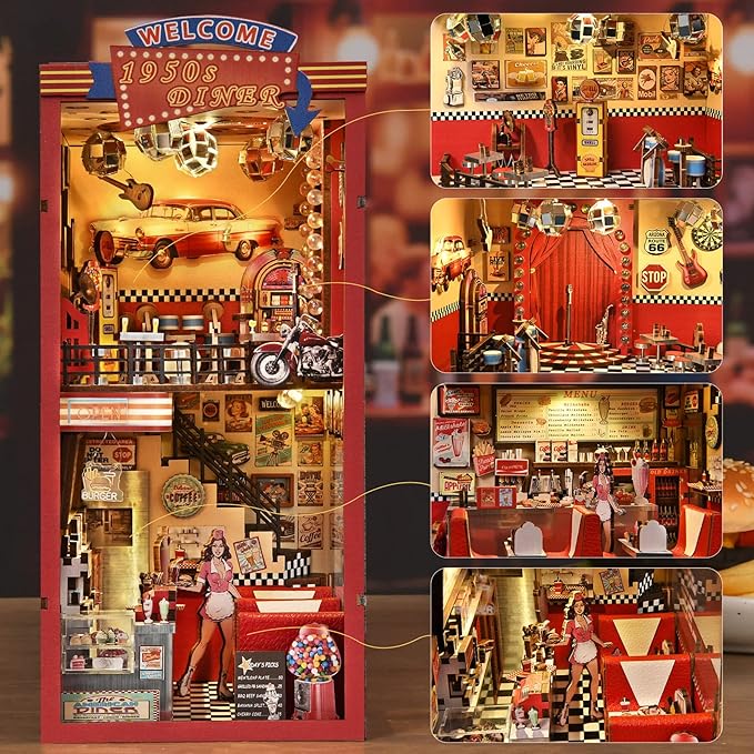 Book Nook Kit - DIY Miniature House Dollhouse Kit for Adults and Teens, Booknook Retro Diner Bookshelf Decor 3D Wooden Puzzle with LED Light, Gifts for Family and Friends (1950s Diner)