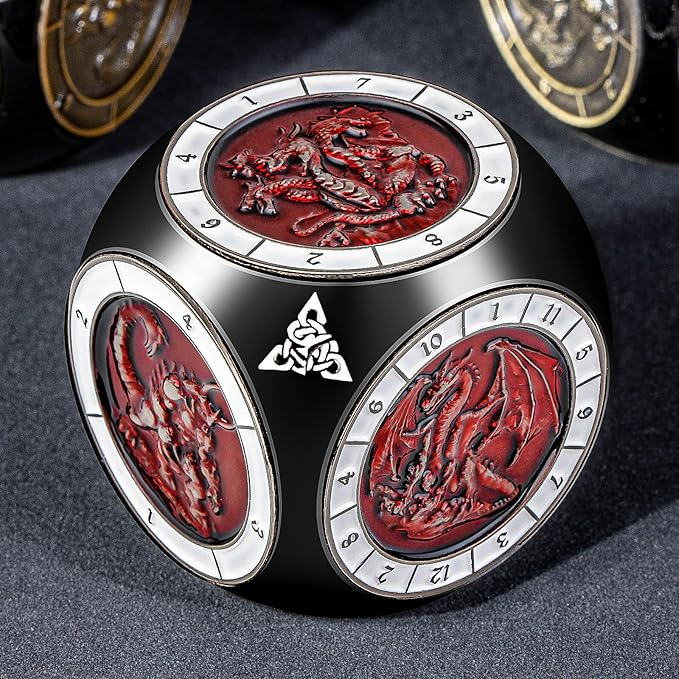 7 in 1 Unique Spinner DND Dice Set D&D, Metal Cube D and D Dice with Gift Box, Dungeons Dragons Role Playing Dice, Black Red
