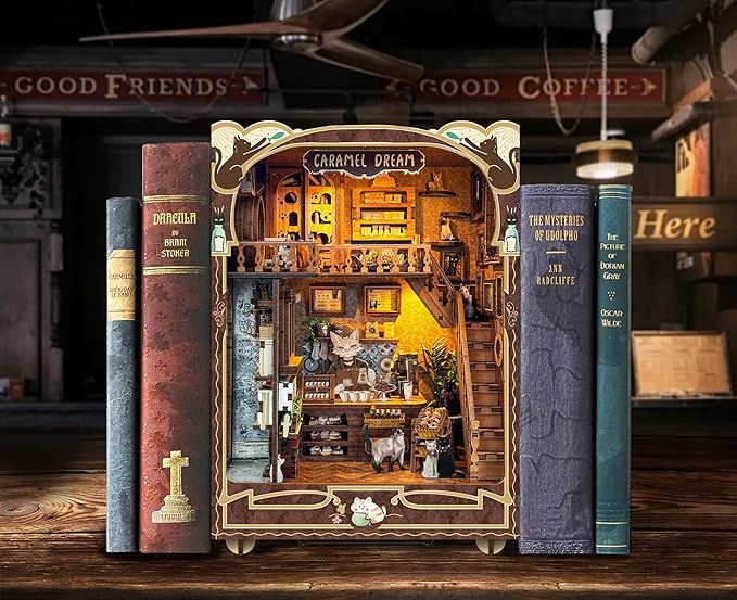 Book Nook Kit-DIY Dollhouse Kit Wooden Miniature Studio with Dust Cover Bookshelf Decor 3D Puzzle Book Nooks for Adults to Build Gift (Caramel Dreams)