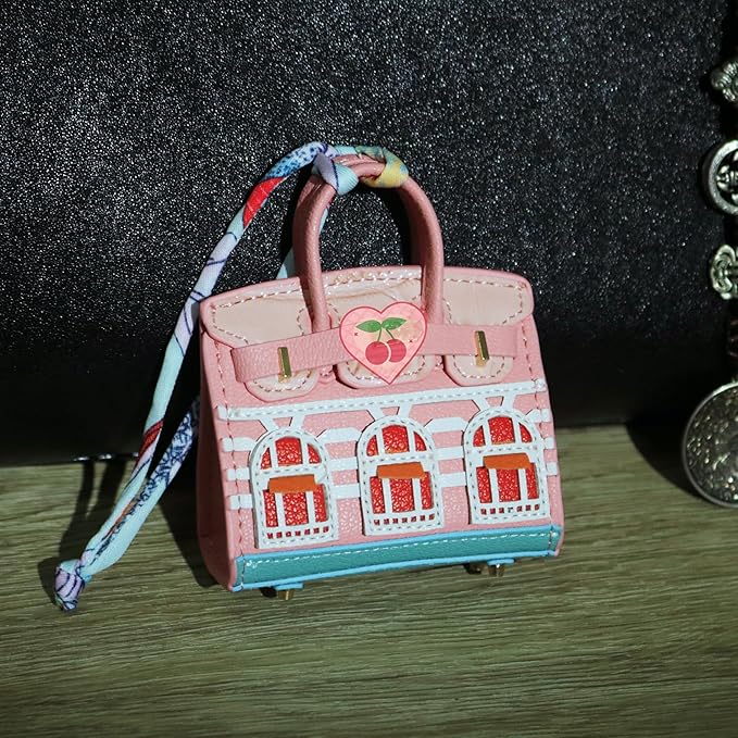 Buyborgood Women's 2 PCS Mini Tote Bag Charms Keychain Pouch Small Coin Purse Wallet (Peach + White)