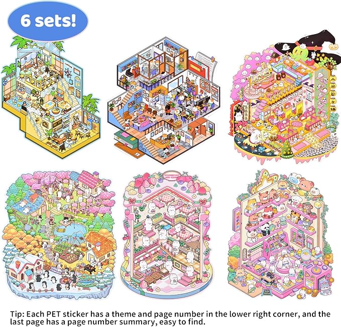 DIY Large Fun 3D Animal House Scene Stickers Book with Tweezers Make Your Own Cake Doll Shop Four Seasons Town Sticker Scenes Cute Micro Stickers for Relief Stress Pass The Time(6 Designs)